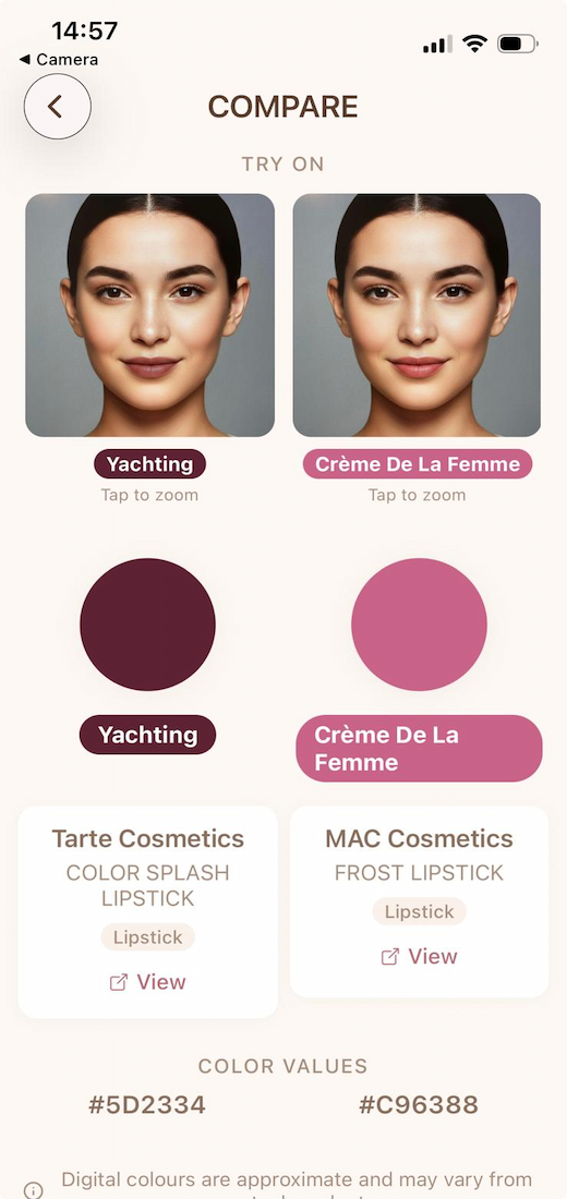 Compare screen showing three shades side by side with colour values